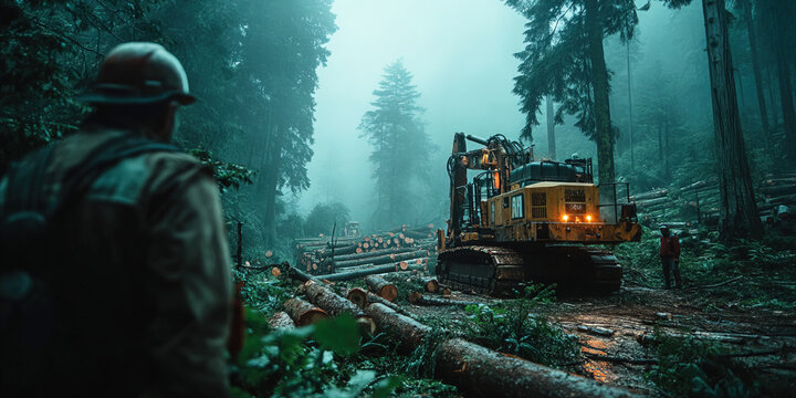 Forest industrial logging operation with machinery and workers felling trees in the jungle