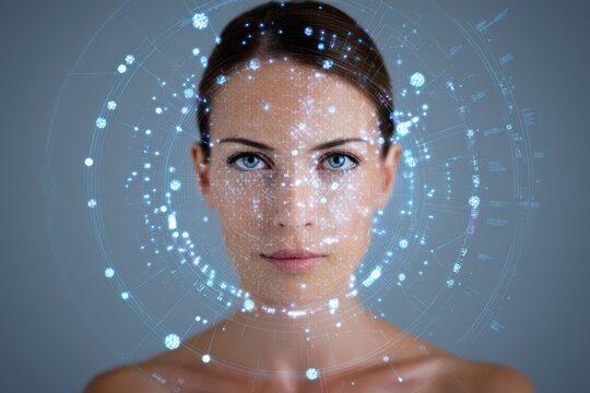 Futuristic Digital Facial Recognition Technology Concept with Holographic Elements.