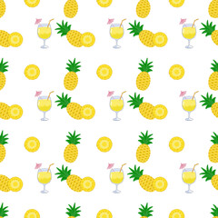 Seamless pattern of pineapple (Ananas comosus) and pineapple  cocktail in summer with white background. Tropical fruit pattern and holiday.