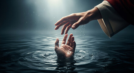 Close-up of Jesus' hand saving the hand of a drowning man. Miracle of saving the life of Jesus Christ, Son of God, salvation from drowning. Christmas, Easter, love, Paradise and salvation concept.