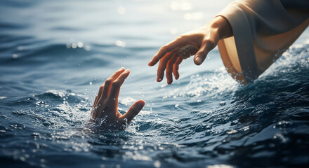 Close-up of Jesus' hand saving the hand of a drowning man. Miracle of saving the life of Jesus Christ, Son of God, salvation from drowning. Christmas, Easter, love, Paradise and salvation concept.