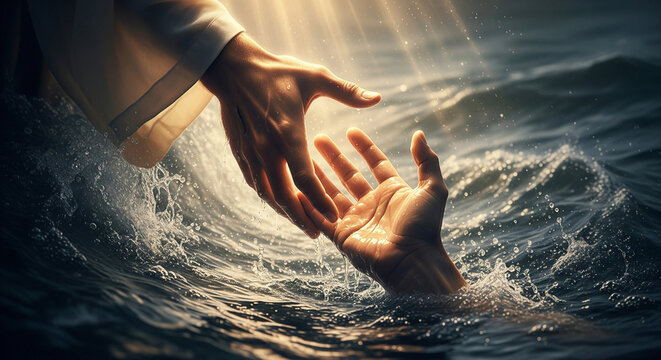 Close-up of Jesus' hand saving the hand of a drowning man. Miracle of saving the life of Jesus Christ, Son of God, salvation from drowning. Christmas, Easter, love, Paradise and salvation concept.