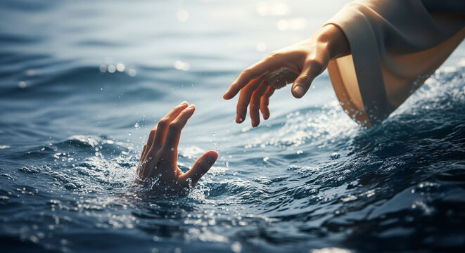 Close-up of Jesus' hand saving the hand of a drowning man. Miracle of saving the life of Jesus Christ, Son of God, salvation from drowning. Christmas, Easter, love, Paradise and salvation concept.