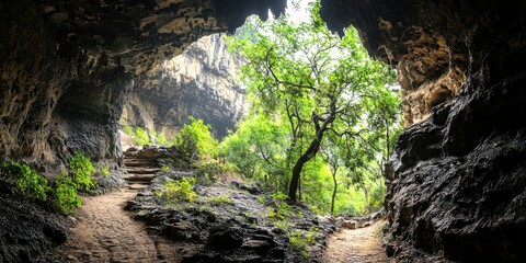 Obraz premium A scenic cave entrance opens to lush green trees and sunlight, with a natural rocky path leading inside surrounded by vegetation.