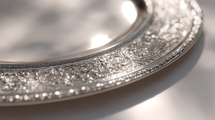 Antique silver serving tray ornate design vintage metal platter decorative engraved detail home decor object