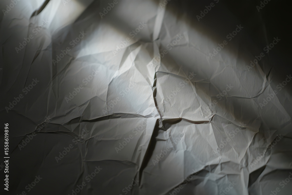 Poster a close up shot of a crumpled piece of white paper with shadows and light creating texture and depth