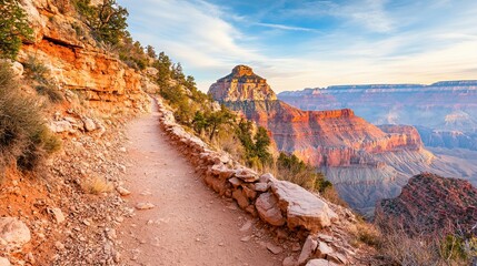 A scenic hiking trail winds along the rocky cliffs of the Grand Canyon during a clear day with blue skies and layered canyon formations in the distance.
