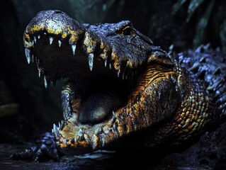 Close-up of alligator in the wild. Open mouth reveals sharp teeth and moist tongue.