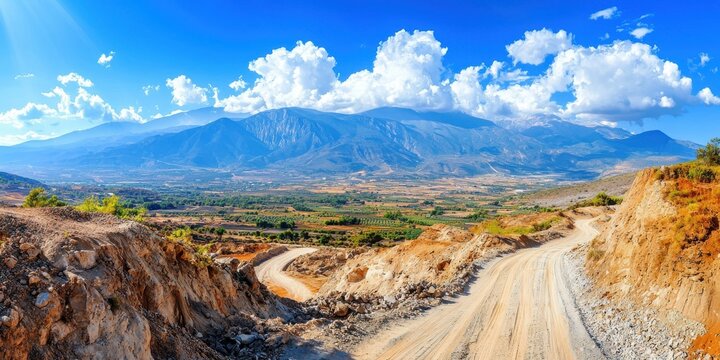 A winding dirt road cuts through a dry, rocky landscape with a vast mountain range under a bright blue sky dotted with fluffy white clouds.