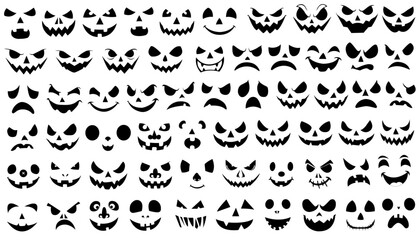 Spooky pumpkin smile and various emotions on the face on white background. Design for the holiday Halloween. Halloween face set.  Vector illustration.