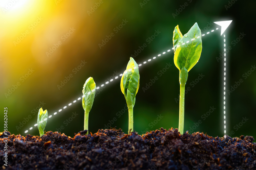 Poster sprouts growing in soil with upward arrow representing growth and progress on a sunny background