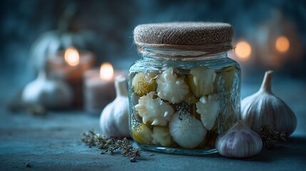 Vampire garlic pickles in jar with fangs, Halloween snack, spooky blurred white backdrop