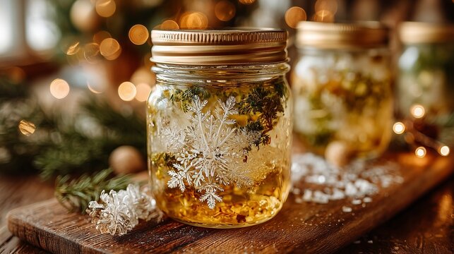 Winter solstice snowflake pickles in jar, icy brine, holiday fun food, blurred festive backdrop