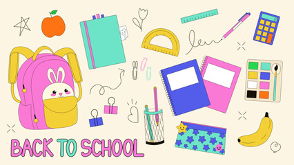 Back to school accessories set. Cute school supplies for study, student equipment. Flat style vector illustration.