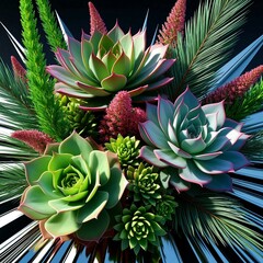 tropical flower background, Futuristic arrangement featuring succulents ( Echeveria, Crassula), Exotic Symphony