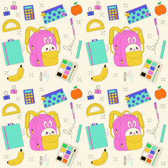 Back to school accessories seamless pattern. Cute school supplies for study. Flat style vector pattern.
