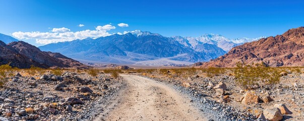 A rugged desert road leads toward distant snow-capped mountains under a clear blue sky with scattered clouds.