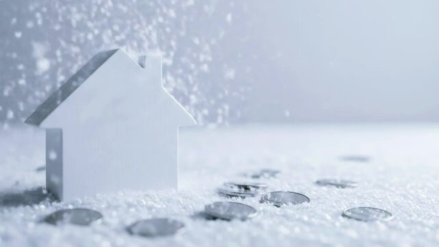 A miniature white house surrounded by scattered coins on a snowy surface, symbolizing financial growth
