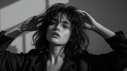 Moody woman with wet hair posing thoughtfully indoors, fashion portrai