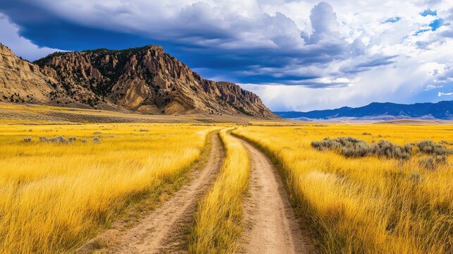 A dirt road winds through golden grasslands towards rugged mountains under a dramatic cloudy sky.