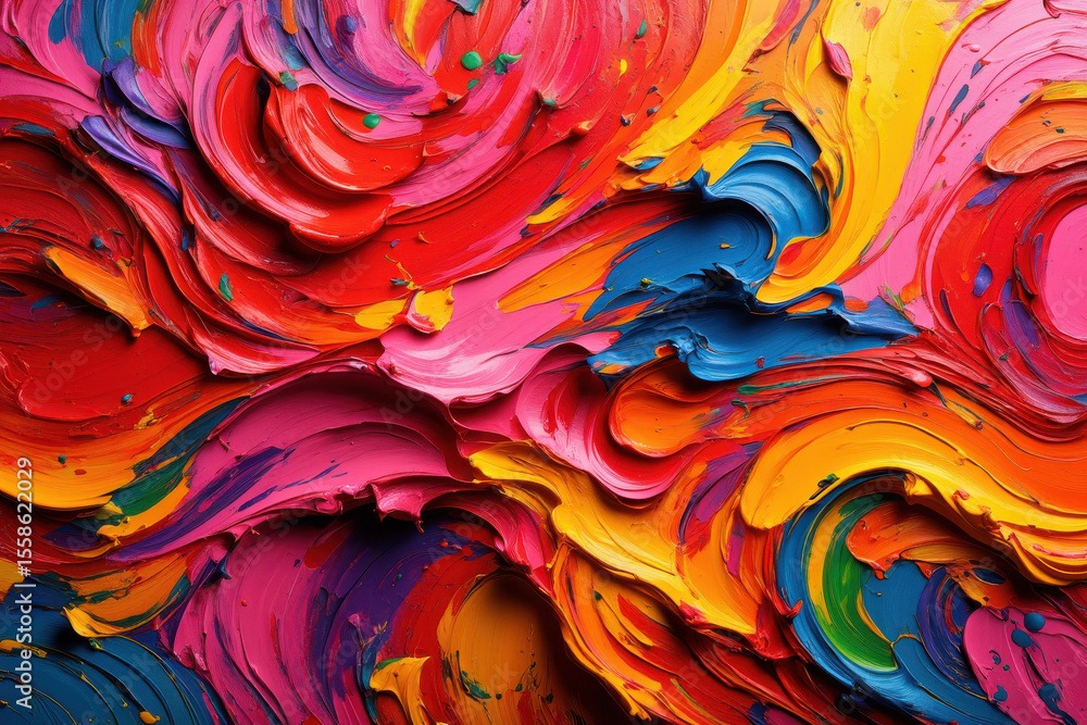 Poster a vibrant swirl of colors in an abstract painting with thick textured brushstrokes and a dynamic flo