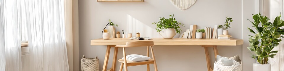 Beige Home Workspace Neutral Color Palette Simple Wood Desk Potted Plant Decor Peaceful Interior Soft Clean Tones Commercial Use Scene