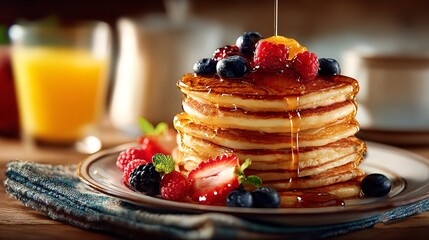 Berry-Topped Pancakes with Syrup High-Resolution Photo of a Colorful Breakfast Stack with Mixed Berries and Orange Juice