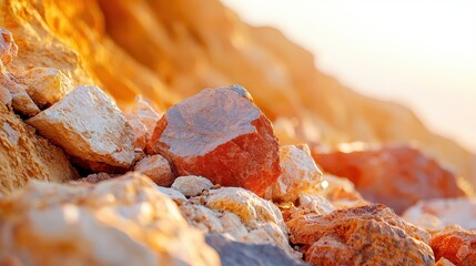 Fototapeta premium Close-up image of variously sized and colored rocks and stones with warm sunlight illuminating the rugged textures.