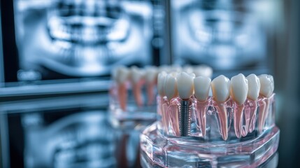 High-quality photo of close-up of a dental model showcasing teeth alignment in a modern dental clinic with X-ray images in the background. healthcare at our state-of-the-art.