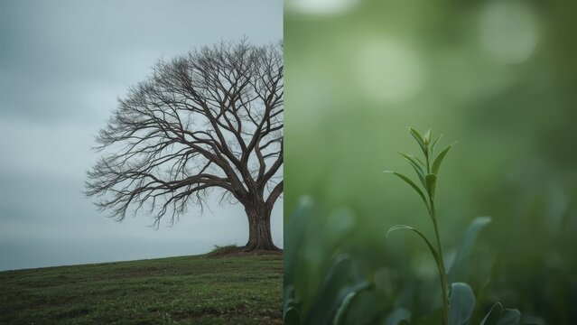Bare tree. nature-based plantnet Latent space dlss Vue 3 Thumbnail PNGtree Treeapp Natural cycles Branch basics Green sprout. contrast. Outdoor nature. Overcast sky. Fresh growth. Environmental conce