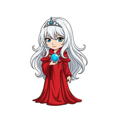 Adorable young arcane sorceress in a red robe with beautiful blue gemstone tiara in her long white hair holds a magical crystal ball - isolated white background cartoon illustration