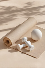 Minimalist fitness flatlay with yoga mat, white dumbbells and ball on a beige surface