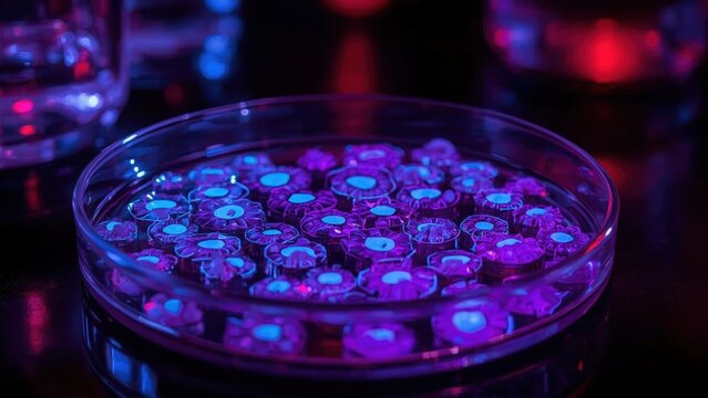 Petri dish. Protein chips Ai singularity Woled hydrogel Lumi Honeycomb led Bioptimus Enveda Biosciences Deepcure Hexagon Bio Glowing bacteria. Blue purple. Laboratory experiment. Microbiology researc