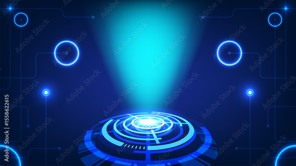 Poster futuristic hologram projection interface glowing circular hud elements blue digital spotlight in tec