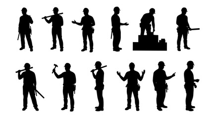 Set vector of solid black silhouettes of construction workers