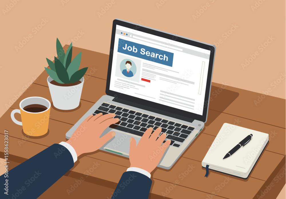 Poster flat vector a person is using a laptop with a 'job search' webpage displayed on the screen