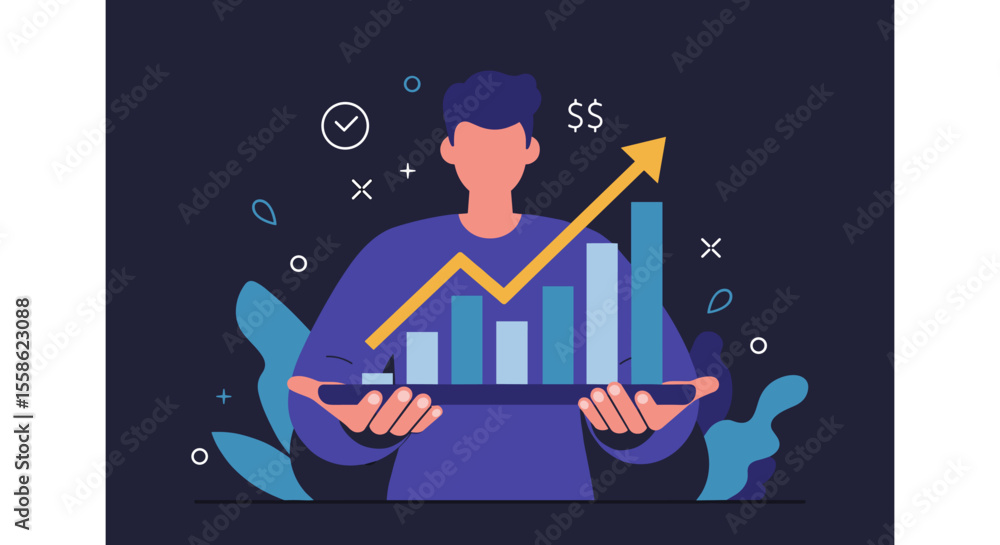 Poster flat vector of a person holding a digital graph visualization that shows a positive trend with an up