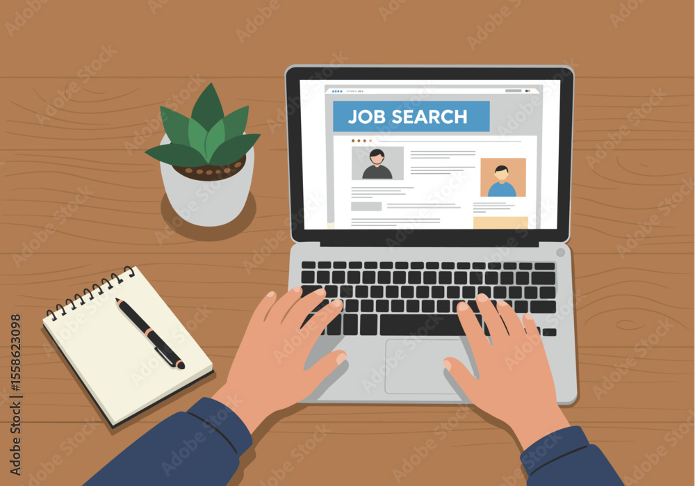 Poster flat vector a person is using a laptop with a 'job search' webpage displayed on the screen