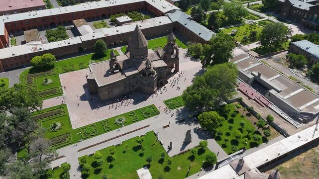  05.05.2025 St Gayane Church in Armenia. Drone fly around Saint Gayane Church,  Armenian Apostolic church located in Echmiadzin, Armenia. Ancient Christian church of Saint Gayane in Armenia.