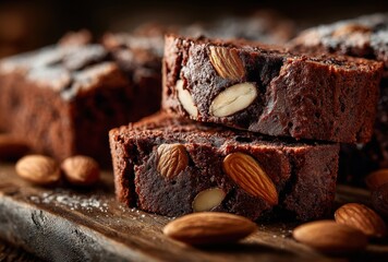Rich Chocolate Brownie with Almonds on Rustic Wooden Board Surrounded by Raw Almonds and a Dusting of Powdered Sugar for Delightful Dessert Presentation