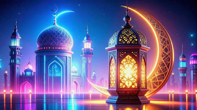 Nighttime futuristic mosques featuring a glowing crescent moon and ornate lantern.