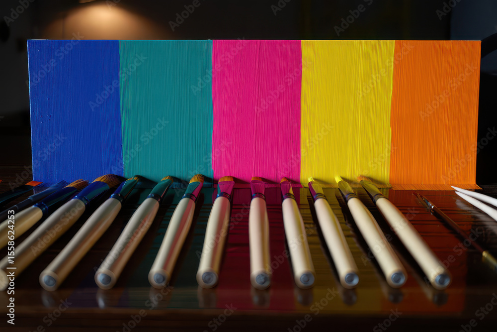 Aufkleber a colorful painting with vibrant blocks and paintbrushes arranged in a neat row on a dark surface