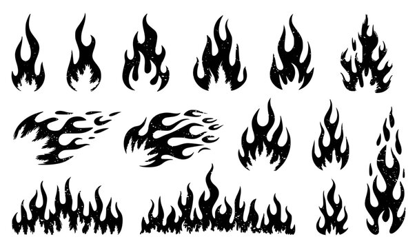 Set of flame and fire in vintage style. Hand drawn engraved monochrome bonfire sketch. Vector illustration for posters, banners and logo.