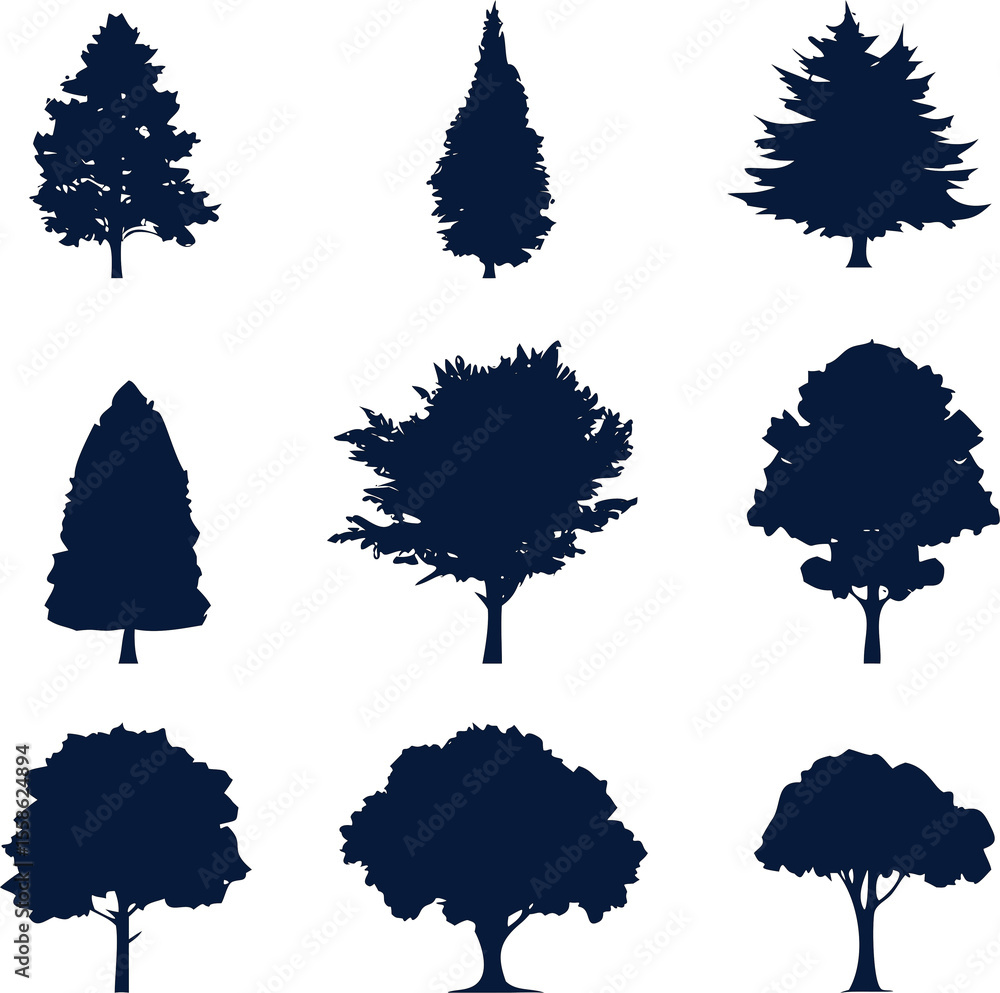 Poster silhouette tree vector set with various shapes and sizes, great for natural design and background us