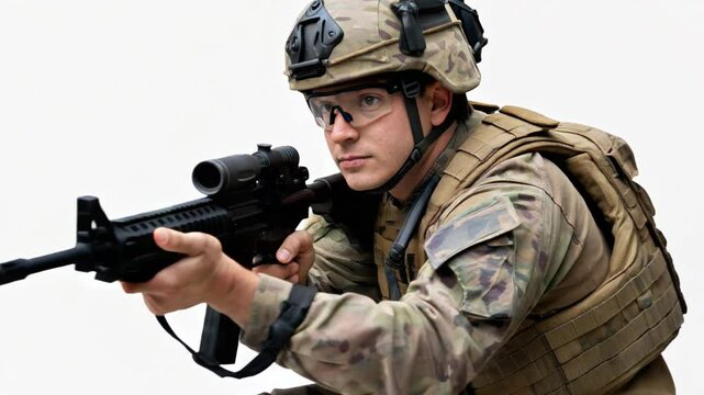 A military person in tactical camouflage uniform and helmet kneels, aiming a modern rifle with focused intent on a white background.