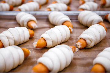 Rows of uncooked sausages, snugly wrapped in delicate pastry dough, lie on a tray. These savory snacks are ready for baking.