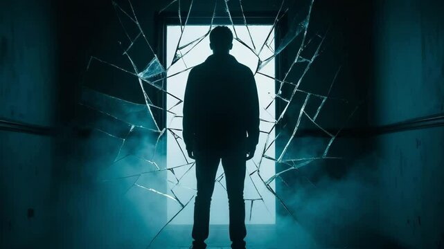 A person standing alone in front of a cracked mirror in a dark, foggy room. Only the reflection is fragmented while the real figure remains still. Cold bluish lighting, minimal background.
