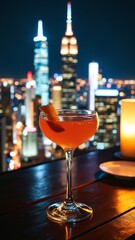 Craft cocktail with orange peel served on a rooftop bar table at night with city skyline full of lights in the background