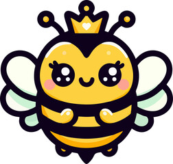 Cute Queen Bee Cartoon – Adorable Kawaii Style Bee with Crown and Blushing Cheeks for Kids Design and Stickers