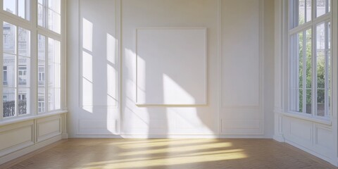 The interior of a large, sunlit room with white walls and wall windows. The room is elegantly designed with clean lines and a wooden floor. No furniture or decorations are visible in the space.
